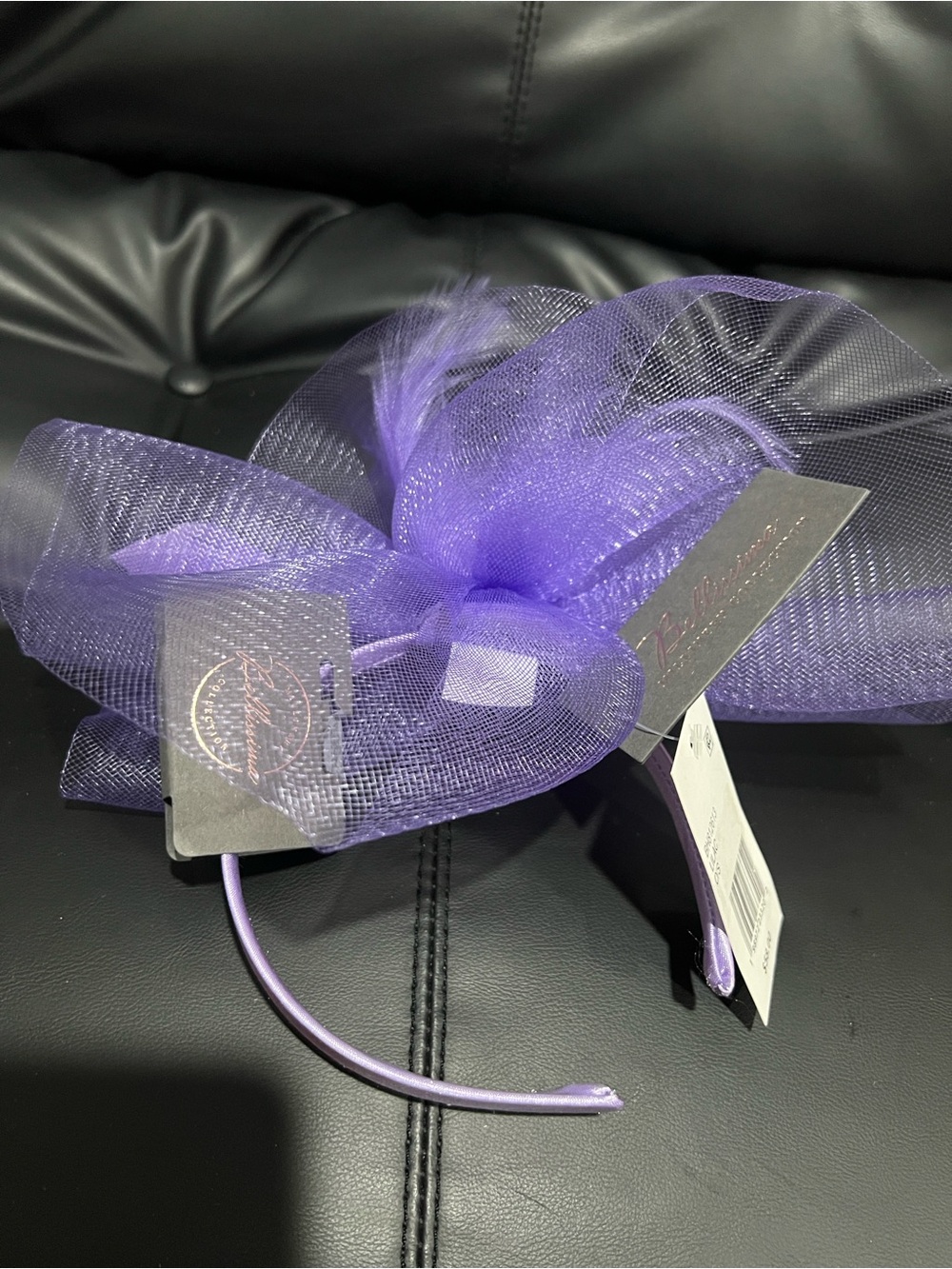 Women’s Purple Mesh Bow Headband with Feather Accent